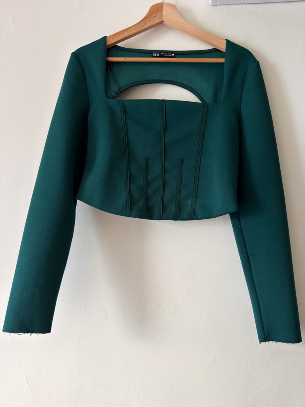 Zara Dark Teal Cropped Long-Sleeve Structured Top